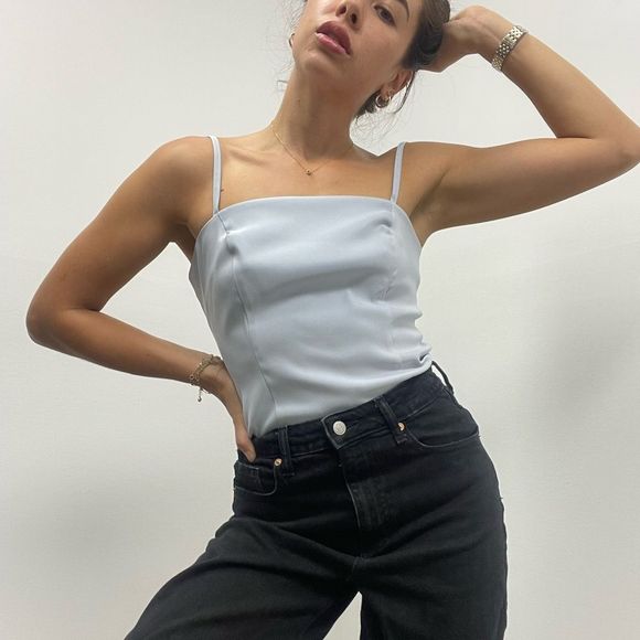 Vintage Tops - ⛔️SOLD⛔️Vintage 90’s Light Blue Square Neck Spaghetti Strap Full Back Zip Top Si